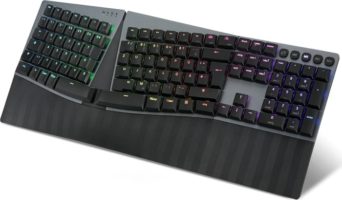 Perixx Periboard-835 Ergo Wireless, schwarz, LEDs RGB, Kailh Choc LOW PROFILE BROWN, USB/Bluetooth, DE