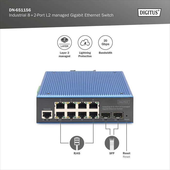 Digitus DN-65 Industrial Railmount Gigabit Managed Switch, 8x RJ-45, 2x SFP