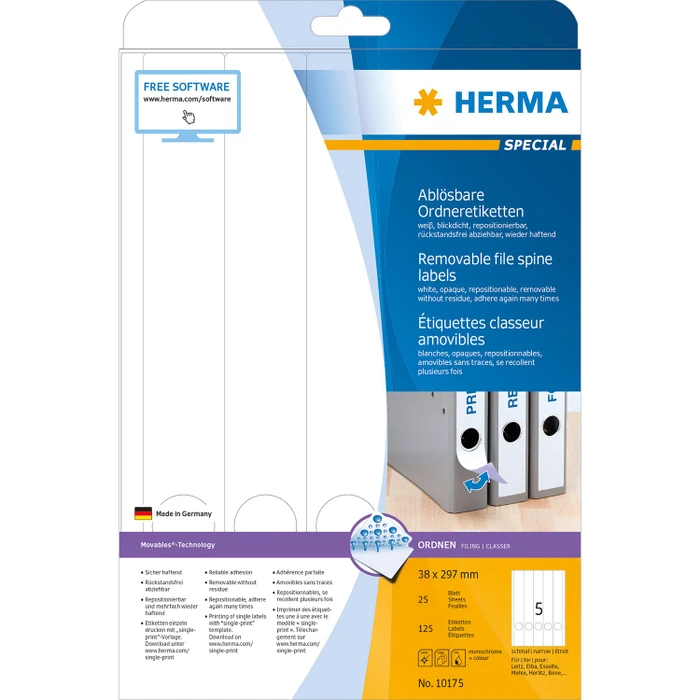 Herma Ordneretiketten, 38x297mm, ablösbar, weiß, 25 Blatt (125 Etiketten)