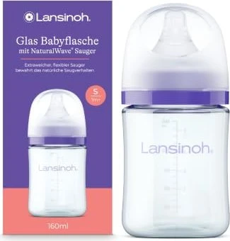 Lansinoh Weithalsflasche Glas mit NaturalWave Sauger Gr.S Trinkflasche, 160ml
