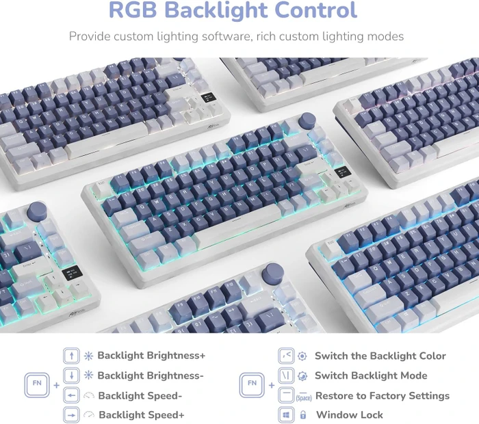 RK Royal Kludge M75 Wireless, weiß/violett, LEDs RGB, hot-swap, RK FAST SILVER, USB/Bluetooth, US