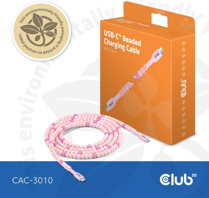 Club 3D USB-C Perlenkabel, 480Mb/s, 60W PD, USB-C 2.0 Stecker auf USB-C 2.0 Stecker, 2m, rosa