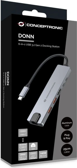 Conceptronic 6-in-1 Dockingstation, USB-C 3.1 [Stecker]