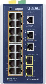 Planet IGS-20160HPT Industrial Railmount Gigabit Managed Switch, 18x RJ-45, 2x SFP, 360W PoE+