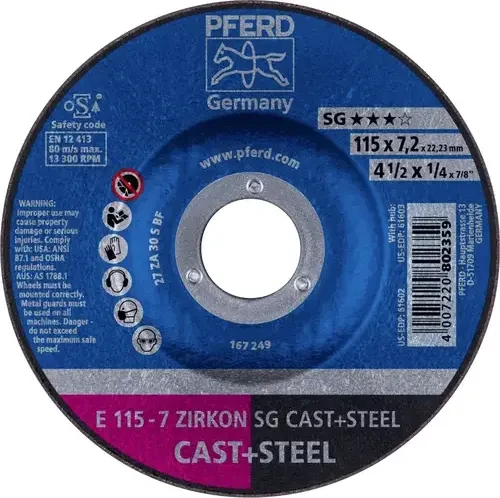 Pferd E 115-7 ZIRKON SG CAST+STEEL Schleifscheibe, 115x7.2x22.23mm, 10 Stück