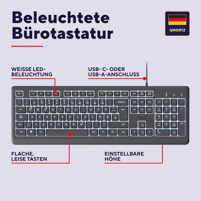Trust Primo Illuminated Keyboard, LEDs weiß, USB, US