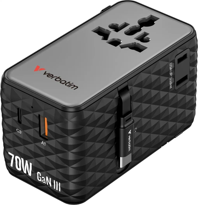 Verbatim Charge 'n' Travel GaN III Universal-Reiseadapter 70W grau/schwarz