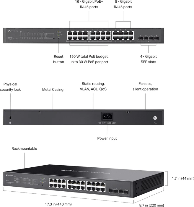 TP-Link Omada SG2400 Rackmount Gigabit Smart Switch, 24x RJ-45, 4x SFP, 150W PoE+