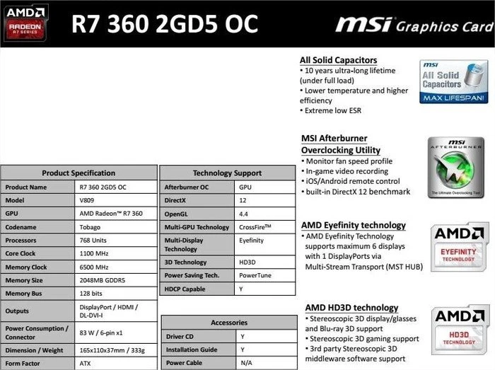 MSI Radeon R7 360, R7 360 2GD5 OC, 2GB GDDR5, DVI, HDMI, DP