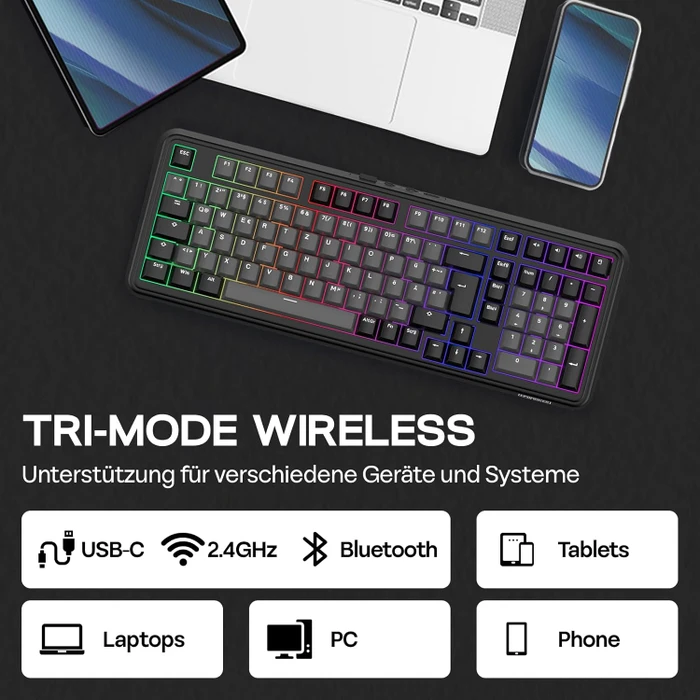 Epomaker TH99 Wireless, schwarz, LEDs RGB, hot-swap, Epomaker Sea Salt, USB/Bluetooth, DE