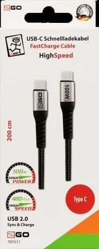 2GO USB Datenkabel High Speed USB Type-C auf USB Type-C 2m schwarz/silber