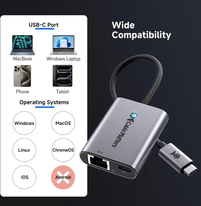 Cable Matters 5G LAN-Adapter mit 140W Power Delivery, RJ-45, USB-C 3.1 [Stecker]