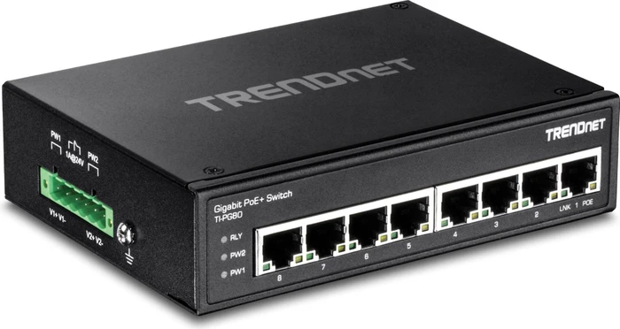 TRENDnet TI Hardened Industrial Railmount Gigabit Switch, 8x RJ-45, 200W PoE+