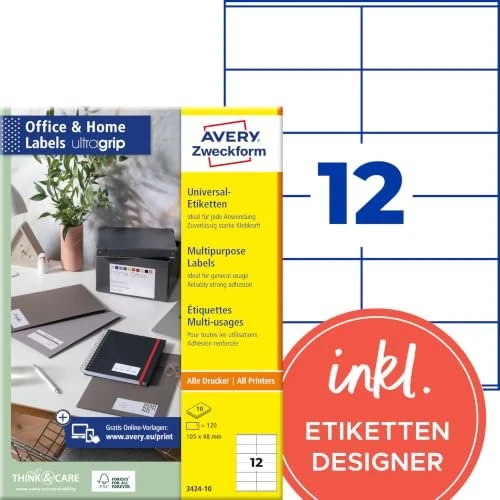 Avery-Zweckform Etiketten, 105x48mm, weiß, 10 Blatt (120 Etiketten)