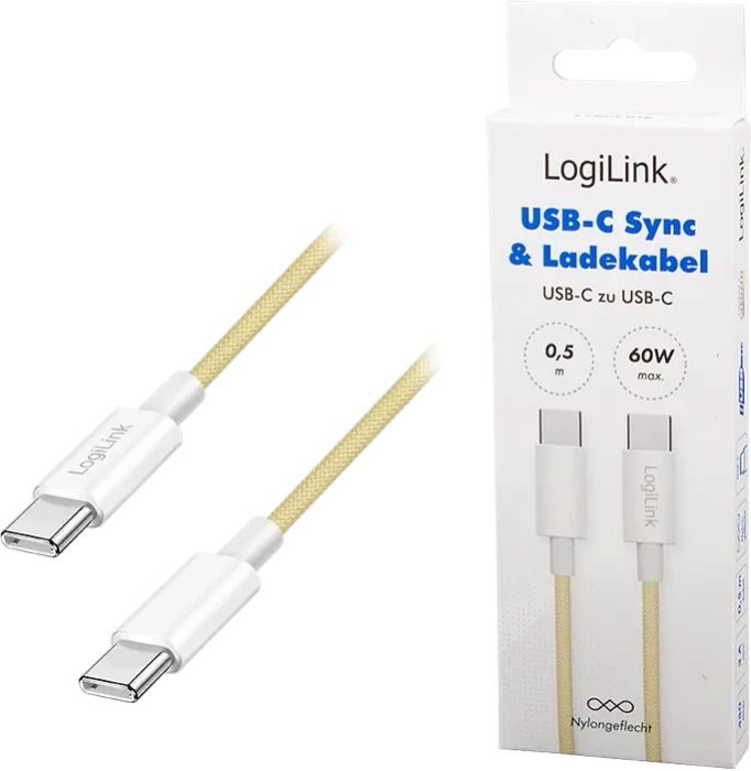 LogiLink USB-C Kabel, USB 2.0, 480Mb/s, 60W PD, USB-C Stecker auf USB-C Stecker, Nylon, gelb, 0.5m