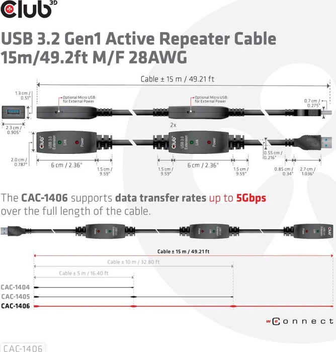 Club 3D USB 3.0 aktives Verlängerungskabel A/A, 15m