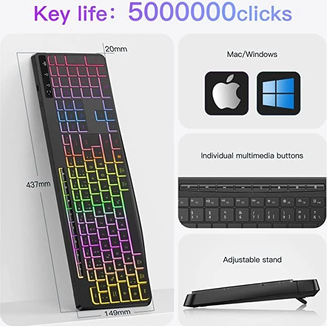 Tecurs Kabellose Gaming Tastatur, schwarz, LEDs RGB, DE