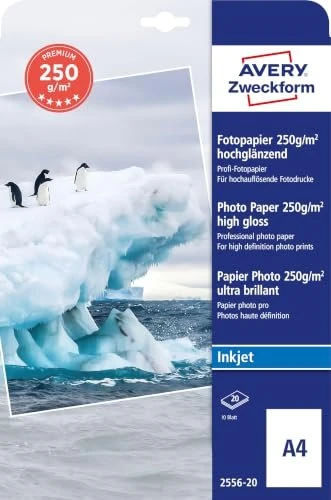 Avery-Zweckform Premium Inkjet Fotopapier hochglänzend weiß, A4, 250g/m², 20 Blatt