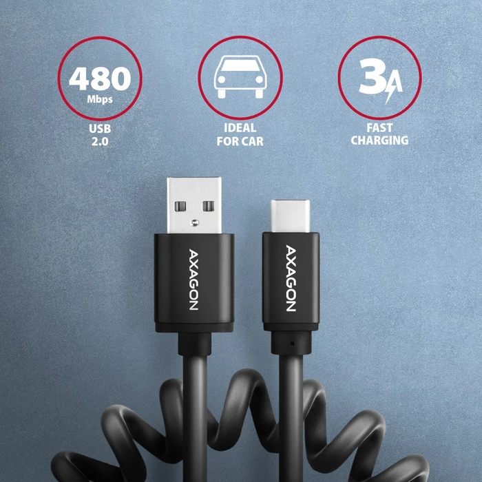 Axagon USB Adapterkabel, Twister, USB 2.0, 480Mb/s, USB-A 2.0 [Stecker] auf USB-C 2.0 [Stecker], Adapterkabel, 0.6m