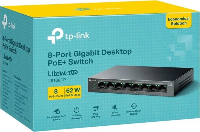 TP-Link LS100 LiteWave Desktop Gigabit Switch, 8x RJ-45, 62W PoE+