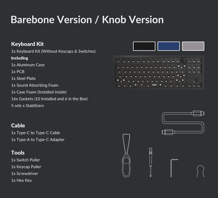 Keychron Q3 QMK Custom Knob Version, TKL 80% Layout, Barebone Tastatur, Navy Blue, ISO