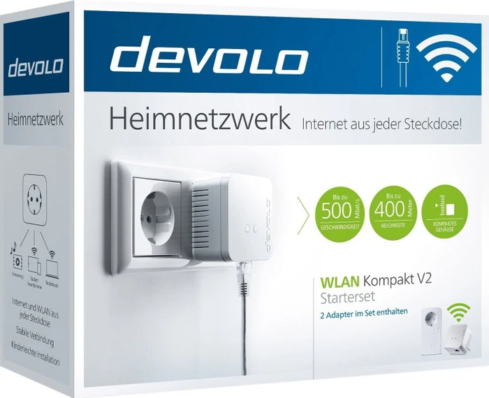 devolo WLAN Kompakt Starterset, V2, Powerline/WLAN-Access Point und Powerline-Adapter Set, 2er-Bundle