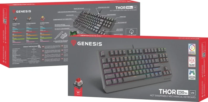 Genesis Thor 230 TKL Lite, schwarz, LEDs RGB, hot-swap, Outemu Red, USB, US