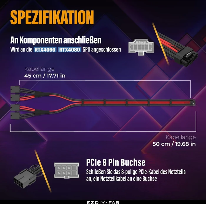 EZDIY-FAB 12VHPWR Kabel, 4x 8-Pin PCIe Buchse auf 16-Pin PCIe 5.0 12VHPWR Stecker, Adapterkabel, 16AWG, schwarz/rot, 50cm