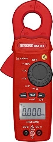 BENNING Leckstromzange CM 9-1 / 044682 | True RMS | 1 µA-60 A AC | Spannungs- & Widerstandsmessung | CAT IV 300V | Rot Image