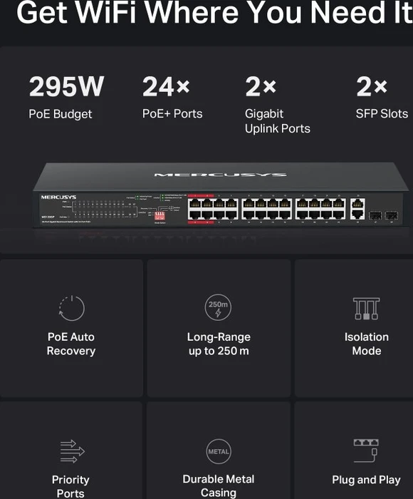 Mercusys Rackmount Gigabit Switch, 26x RJ-45, 2x SFP, 295W PoE+