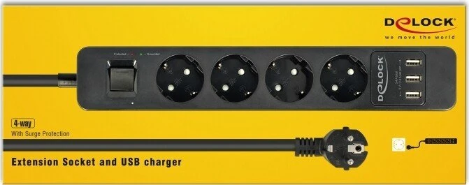 DeLOCK Steckdosenleiste mit Überspannungsschutz und USB-Ladefunktion, Schalter, 4-fach, 1.5m, schwarz