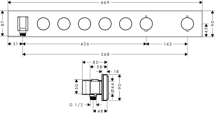 Hansgrohe AXOR ShowerSolutions Thermostatmodul Select 670/90 Unterputz für 5 Verbraucher chrom