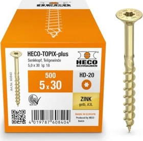 HECO TOPIX-plus verzinkt gelb A3L Torx T20 Holzschraube, 5x30mm, 500 Stück