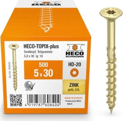 HECO TOPIX-plus verzinkt gelb A3L Torx T20 Holzschraube, 5x30mm, 500 Stück