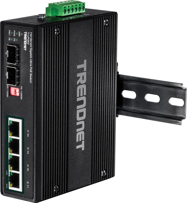 TRENDnet TI Hardened Industrial Railmount Gigabit Switch, 4x RJ-45, 2x SFP, 240W UPoE