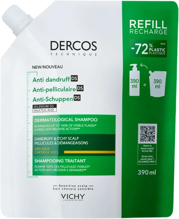 Vichy Dercos Anti-Schuppen für trockene Kopfhaut Shampoo Refill, 390ml