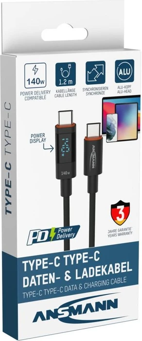 Ansmann USB-C Kabel, USB 2.0, 480Mb/s, 140W PD 3.1, USB-C Stecker auf USB-C Stecker, schwarz, 1.2m