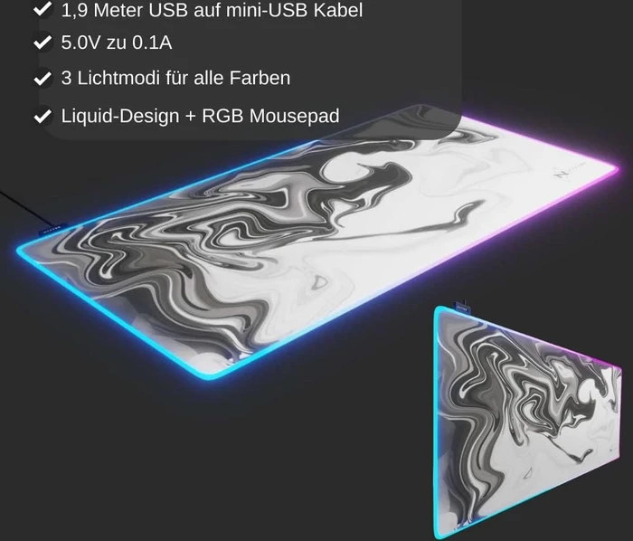 Nyfter Nyfpad RGB Liquid XXL Premium Gaming Mousepad, 900x500mm, Design schwarz/weiß