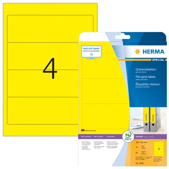 Herma Ordneretiketten, 192x61mm, gelb, 20 Blatt (80 Etiketten)