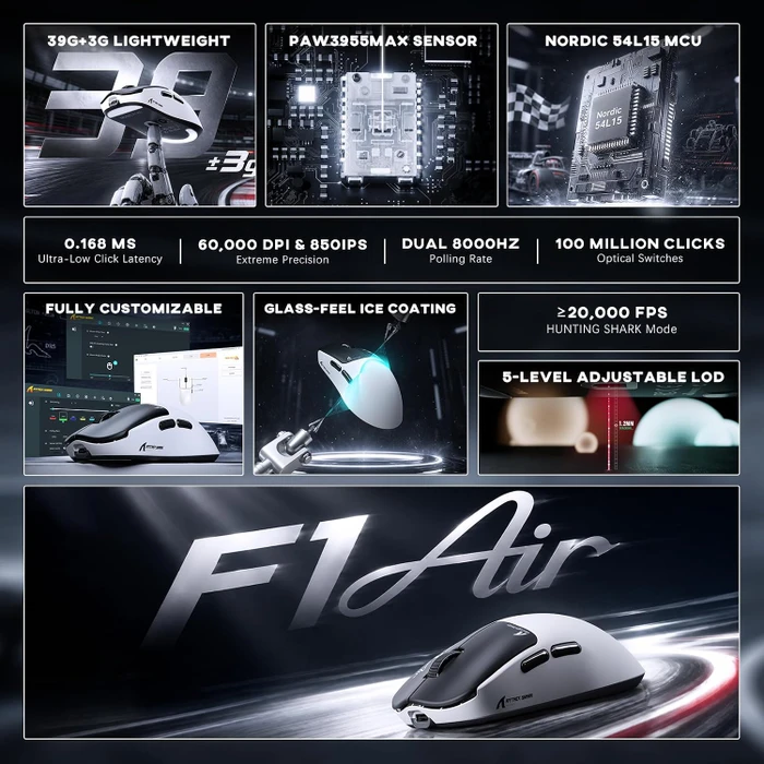 Attack Shark F1 Air 8KHz Wireless, White & Black, USB/Bluetooth