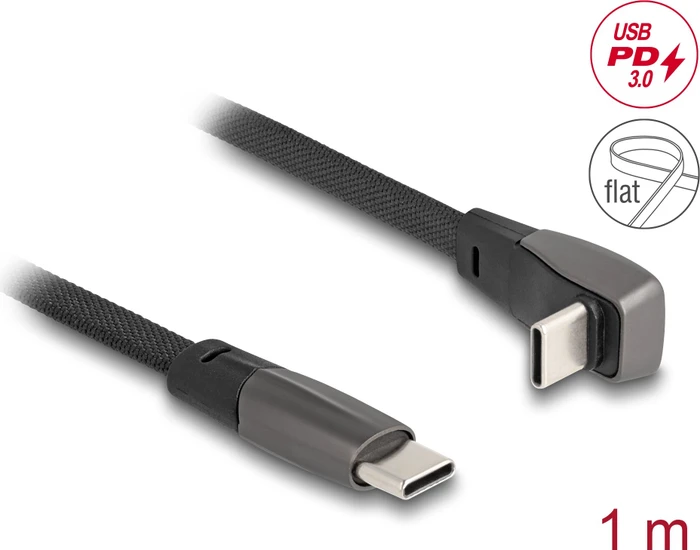 DeLOCK USB-C auf USB-C Kabel, USB 2.0, 480Mb/s, 60W USB PD, Flachbandkabel, gewinkelt, schwarz, 1m