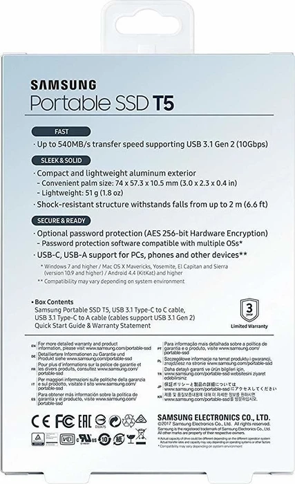 Samsung Portable SSD T5, Ocean Blue, 250GB, USB-C 3.1