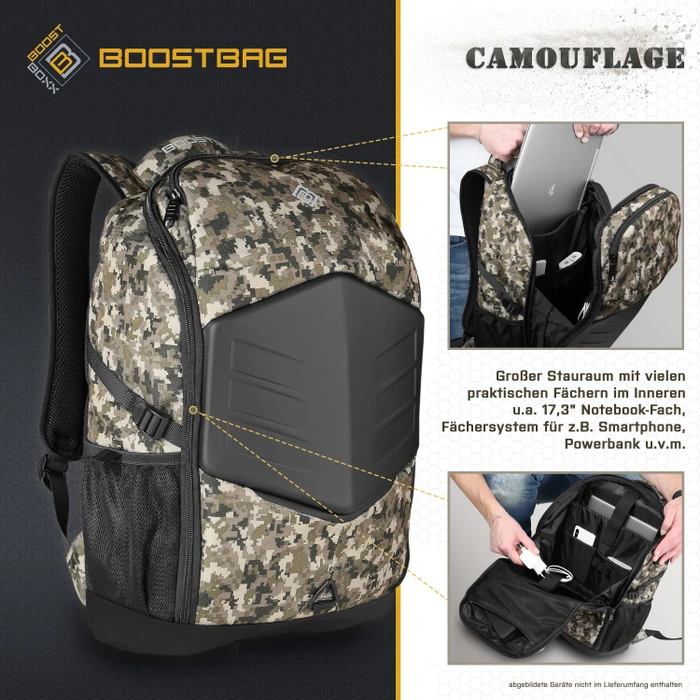 BoostBoxx BoostBag Notebook-Rucksack 17.3", Anti-Theft-Backpack, Camouflage