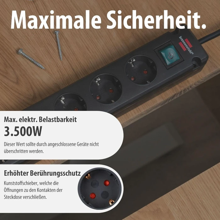 Brennenstuhl Bremounta mit Schalter, 5-fach, mit 2x USB-C, 3m, schwarz