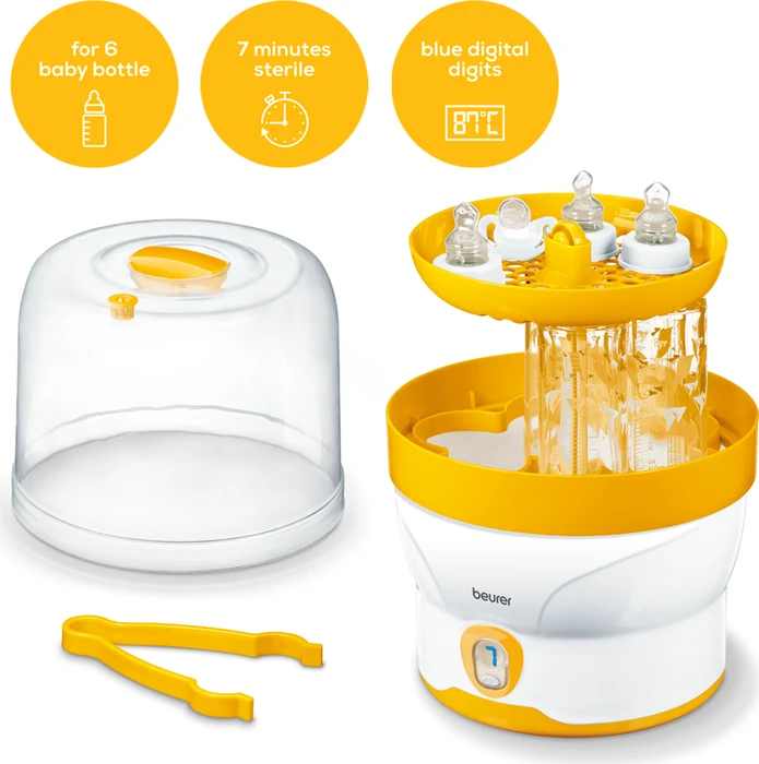 Beurer Dampfsterilisator BY 76 digital | für 6 Babyflaschen & Zubehör | 7 Min. Sterilisation | ohne Chemie | weiß/gelb