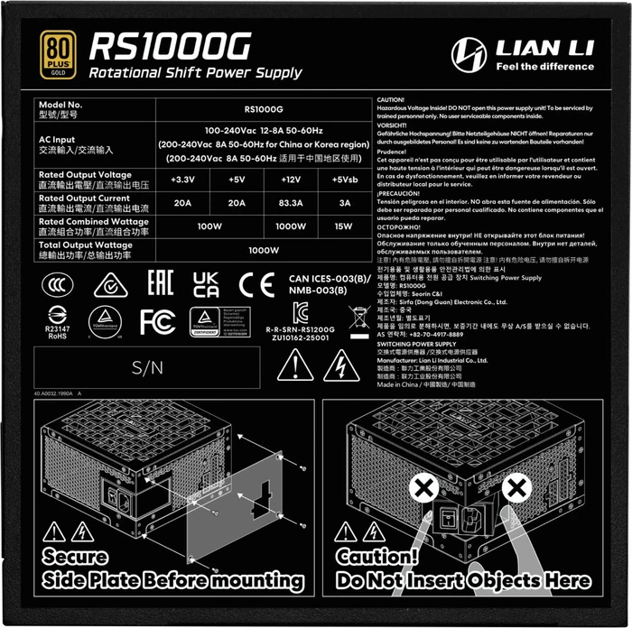 Lian Li Rotational Shift Series RS1000G schwarz 1000W, ATX 3.1, mit RS USB-Hub