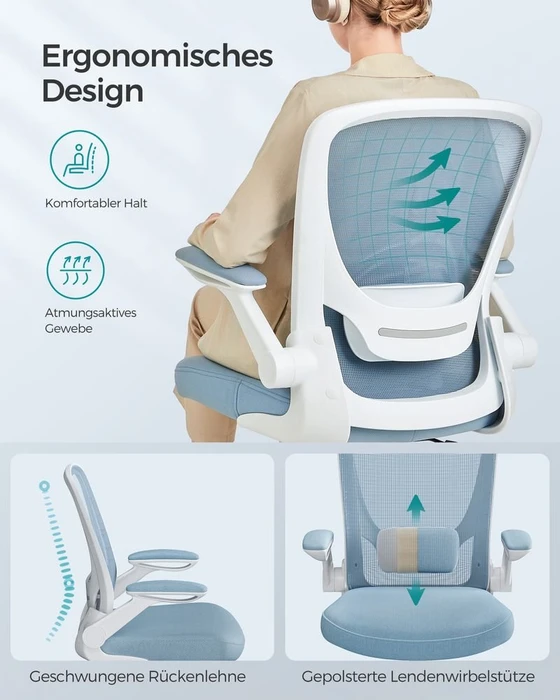 Songmics Bürostuhl ergonomisch mit Amrlehnen, nebelblau
