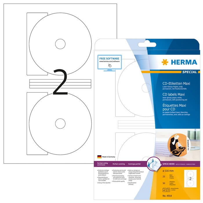 Herma CD-Folienetiketten mit kleinem Spindelloch, 116mm, transparent, glänzend, 25 Blatt (50 Etiketten)