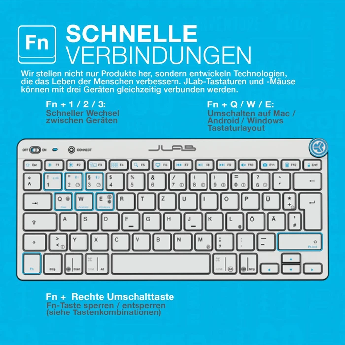 JLab Epic Wireless Keyboard, schwarz, USB/Bluetooth, DE