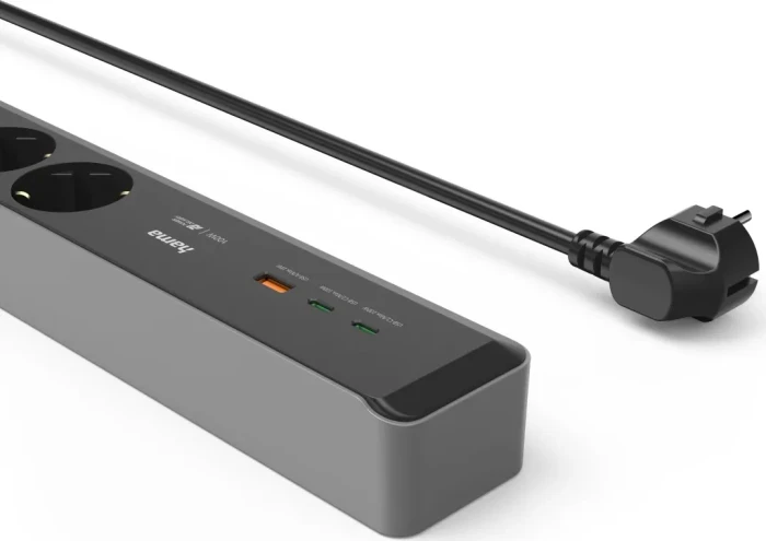 Hama Steckdosenleiste mit Schalter, 3-fach, 1x USB-A/2x USB-C 65W USB-PD, 1.4m, schwarz/grau